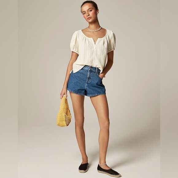 NWT J CREW Puff-sleeve henley in striped gauze in Pale Banana - Picture 2 of 7